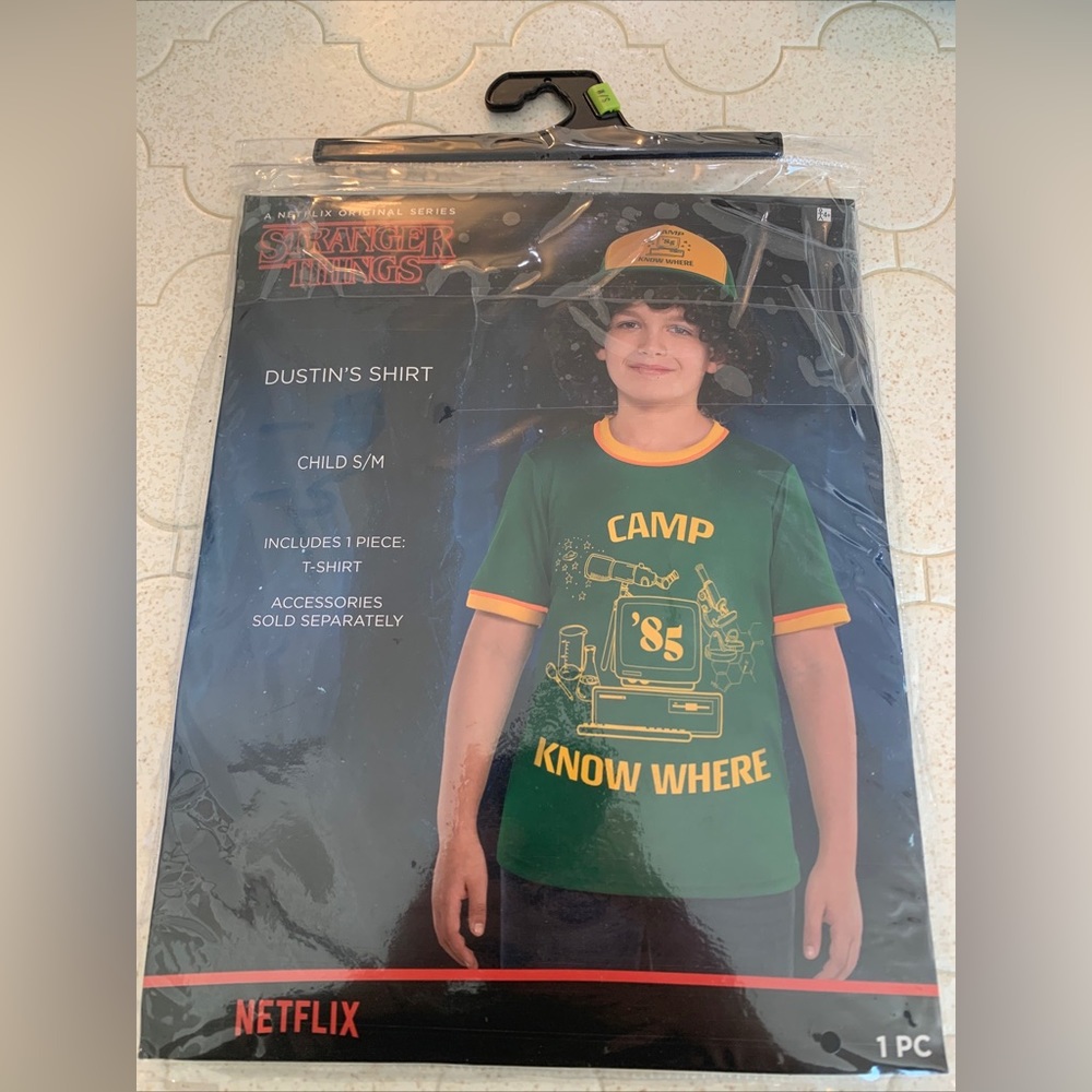 Stranger Things Dustin’s Shirt Camp Know Where ‘85 Child S/M green 1pc costume
